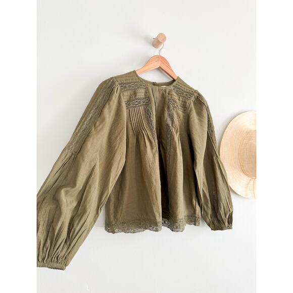 Madewell | NWT  Lace-Insert Pintucked Long-Sleeve Top Faded Ivy | Sz M - Picture 3 of 12